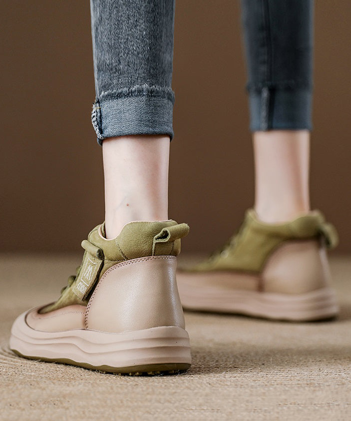 Red Women Platform Cowhide Leather Lace Up Splicing Flat Feet Shoes