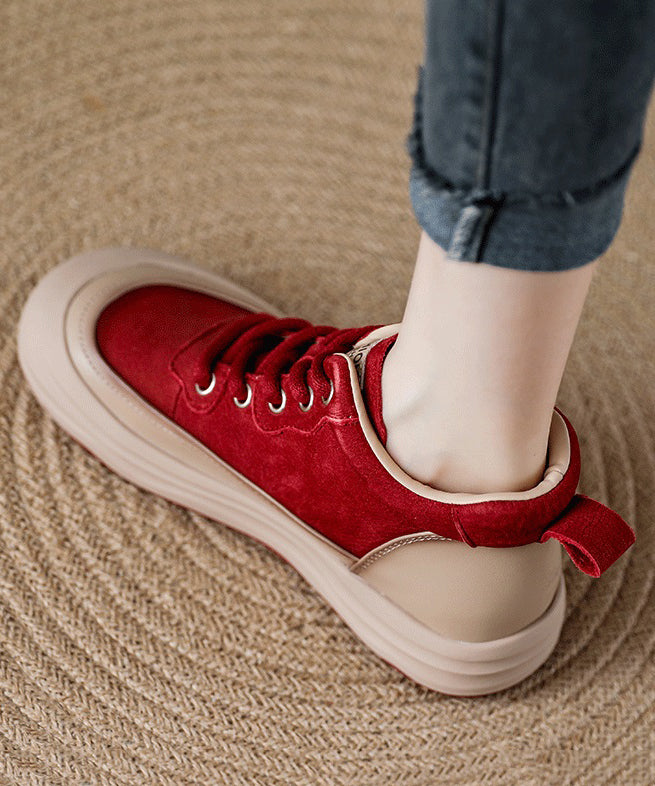Red Women Platform Cowhide Leather Lace Up Splicing Flat Feet Shoes