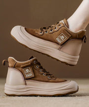 Red Women Platform Cowhide Leather Lace Up Splicing Flat Feet Shoes