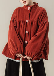 Red Wrinkled Button Corduroy Cotton Filled Parkas Stand Collar