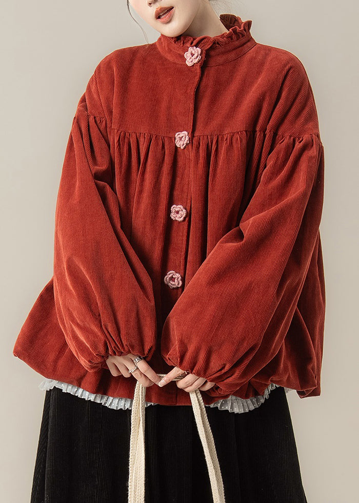 Red Wrinkled Button Corduroy Cotton Filled Parkas Stand Collar
