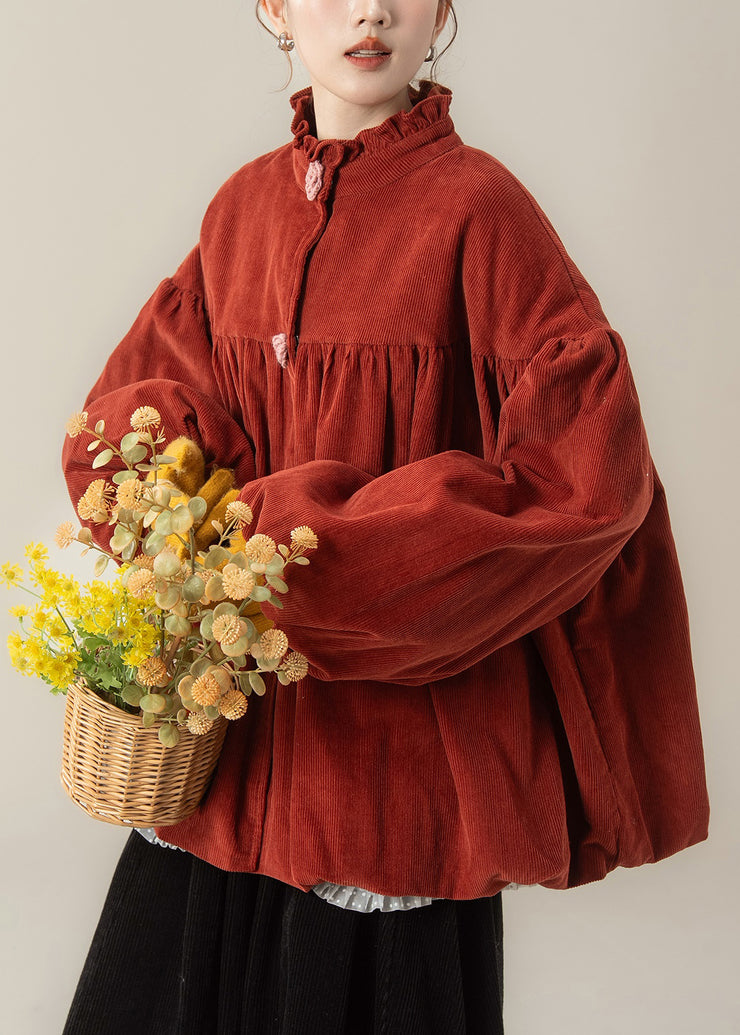 Red Wrinkled Button Corduroy Cotton Filled Parkas Stand Collar
