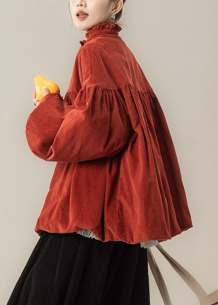 Red Wrinkled Button Corduroy Cotton Filled Parkas Stand Collar