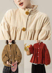 Red Wrinkled Button Corduroy Cotton Filled Parkas Stand Collar