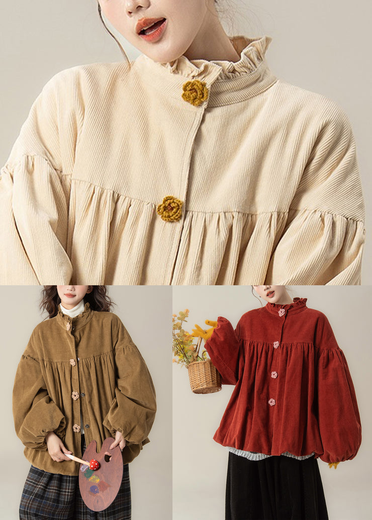 Red Wrinkled Button Corduroy Cotton Filled Parkas Stand Collar
