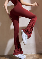 Red Wrinkled High Waist Solid Yoga Pants