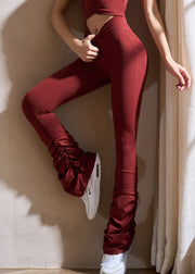 Red Wrinkled High Waist Solid Yoga Pants