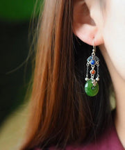 Regular Green Sterling Silver Agate Jade Cloisnne Xiangyun Tassel Drop Earrings