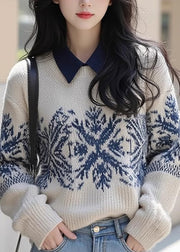 Retro Apricot Peter Pan Collar Print Cotton Knit Sweater Fall