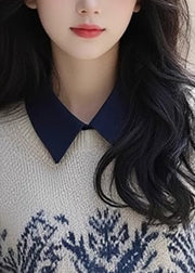 Retro Apricot Peter Pan Collar Print Cotton Knit Sweater Fall