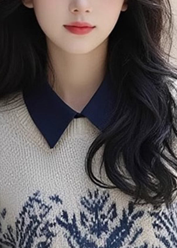 Retro Apricot Peter Pan Collar Print Cotton Knit Sweater Fall