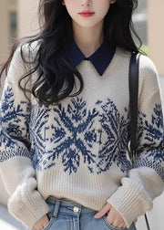 Retro Apricot Peter Pan Collar Print Cotton Knit Sweater Fall