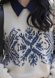 Retro Apricot Peter Pan Collar Print Cotton Knit Sweater Fall