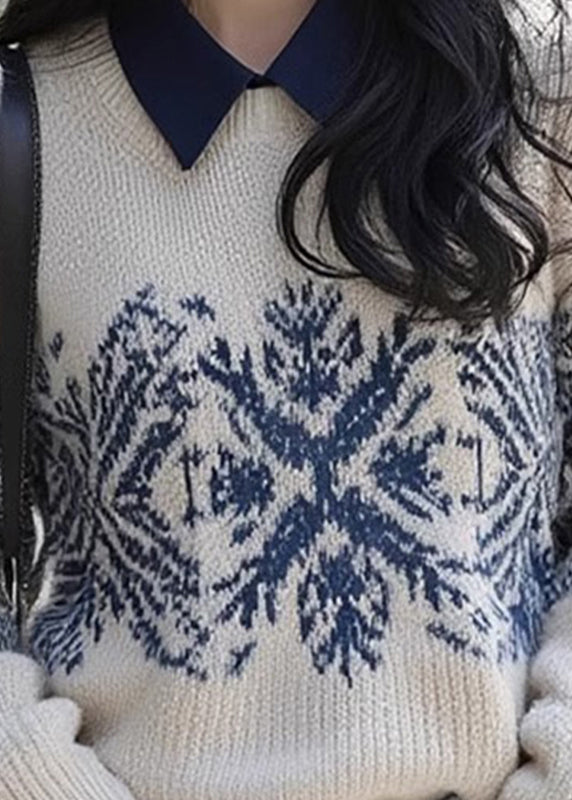 Retro Apricot Peter Pan Collar Print Cotton Knit Sweater Fall