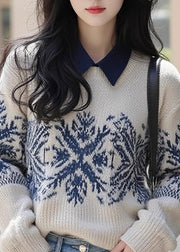 Retro Apricot Peter Pan Collar Print Cotton Knit Sweater Fall