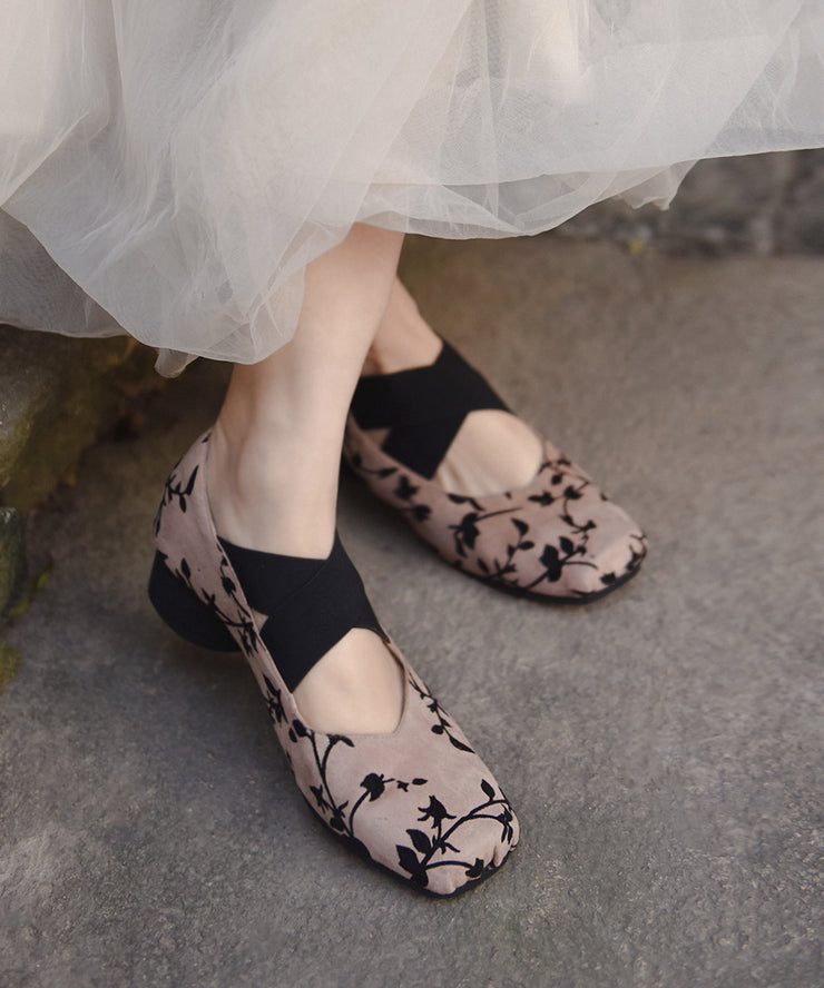 Retro Apricot Suede Elastic Cross Strap Chunky Heel