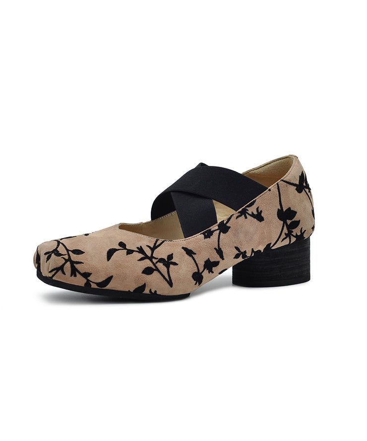 Retro Apricot Suede Elastic Cross Strap Chunky Heel