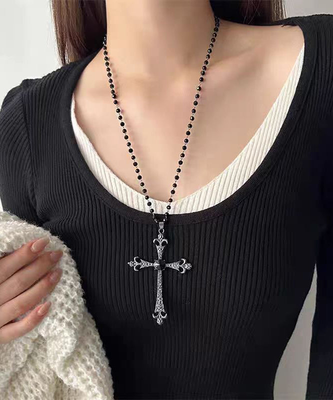 Retro Black Alloy Zircon Beads Cross Gratuated Bead Necklace