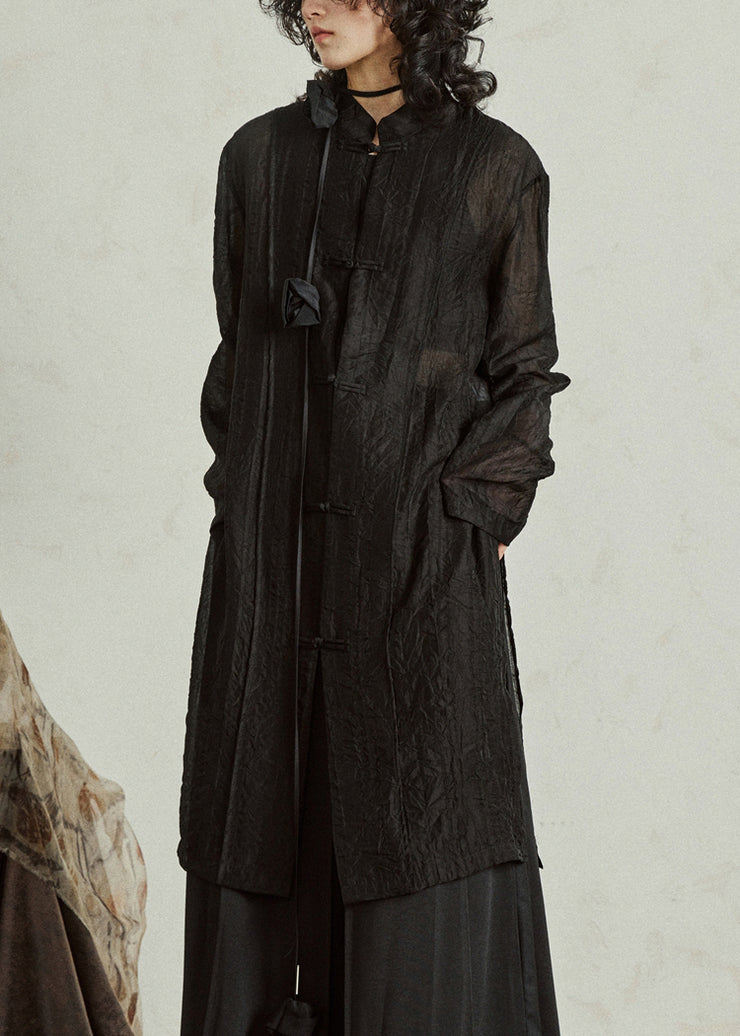 Retro Black Button Organza Long Tops Long Sleeve