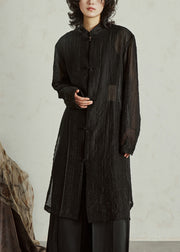 Retro Black Button Organza Long Tops Long Sleeve