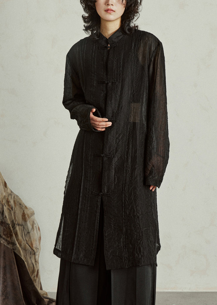 Retro Black Button Organza Long Tops Long Sleeve