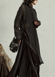 Retro Black Button Organza Long Tops Long Sleeve