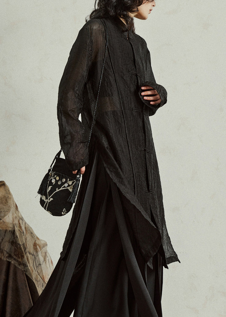 Retro Black Button Organza Long Tops Long Sleeve