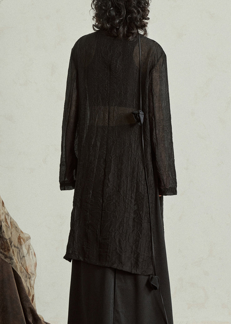 Retro Black Button Organza Long Tops Long Sleeve
