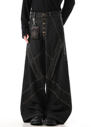 Retro Black Button Original Design Denim Mens Wide Leg Pants