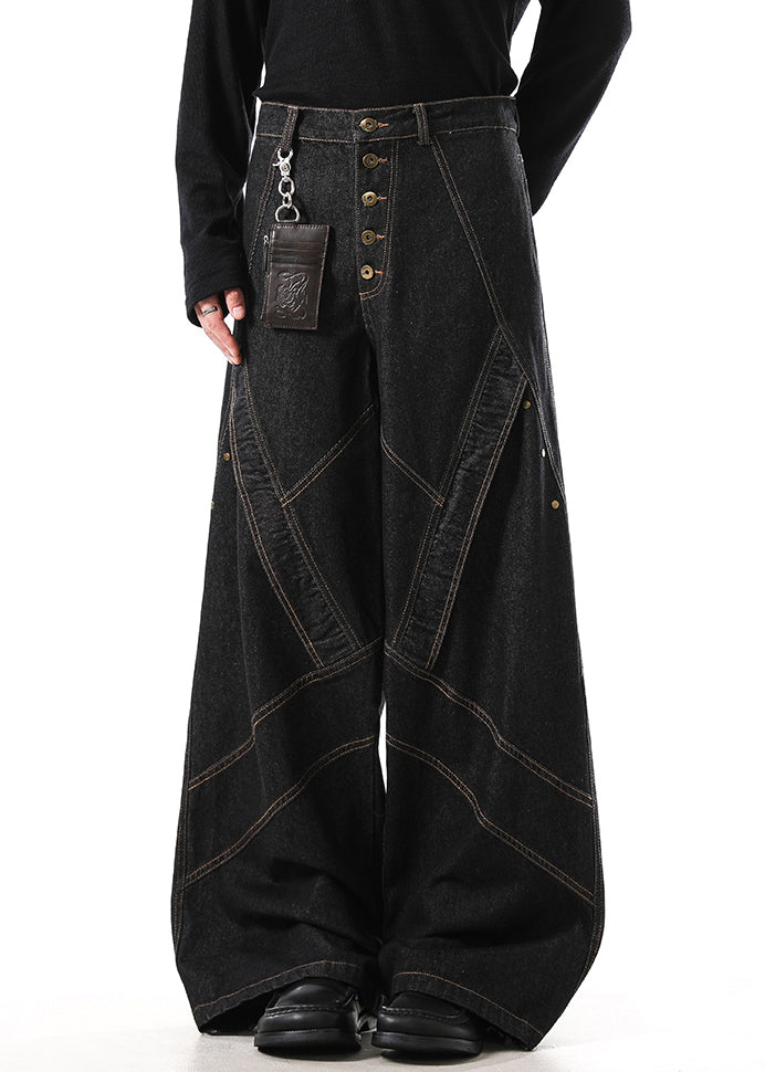 Retro Black Button Original Design Denim Mens Wide Leg Pants