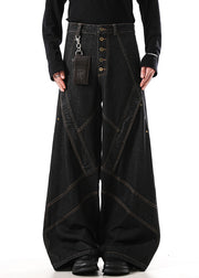 Retro Black Button Original Design Denim Mens Wide Leg Pants