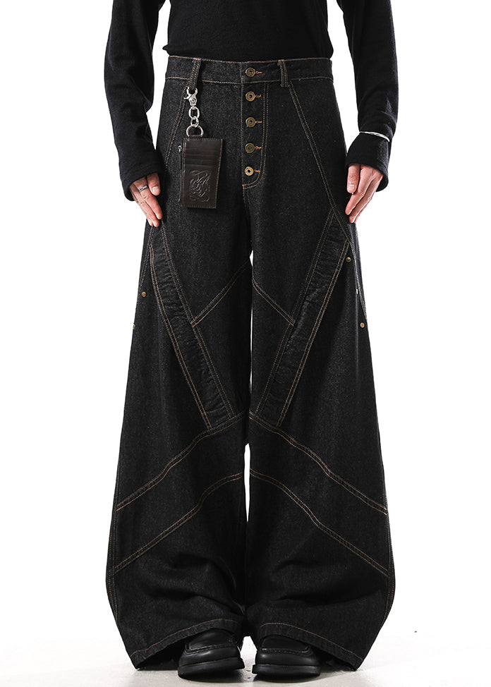 Retro Black Button Original Design Denim Mens Wide Leg Pants