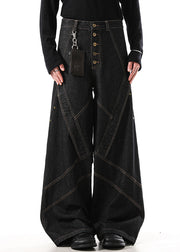 Retro Black Button Original Design Denim Mens Wide Leg Pants