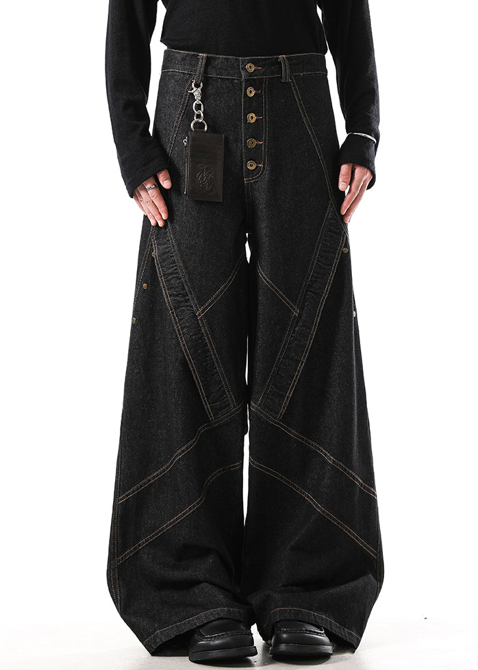 Retro Black Button Original Design Denim Mens Wide Leg Pants