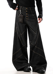 Retro Black Button Original Design Denim Mens Wide Leg Pants