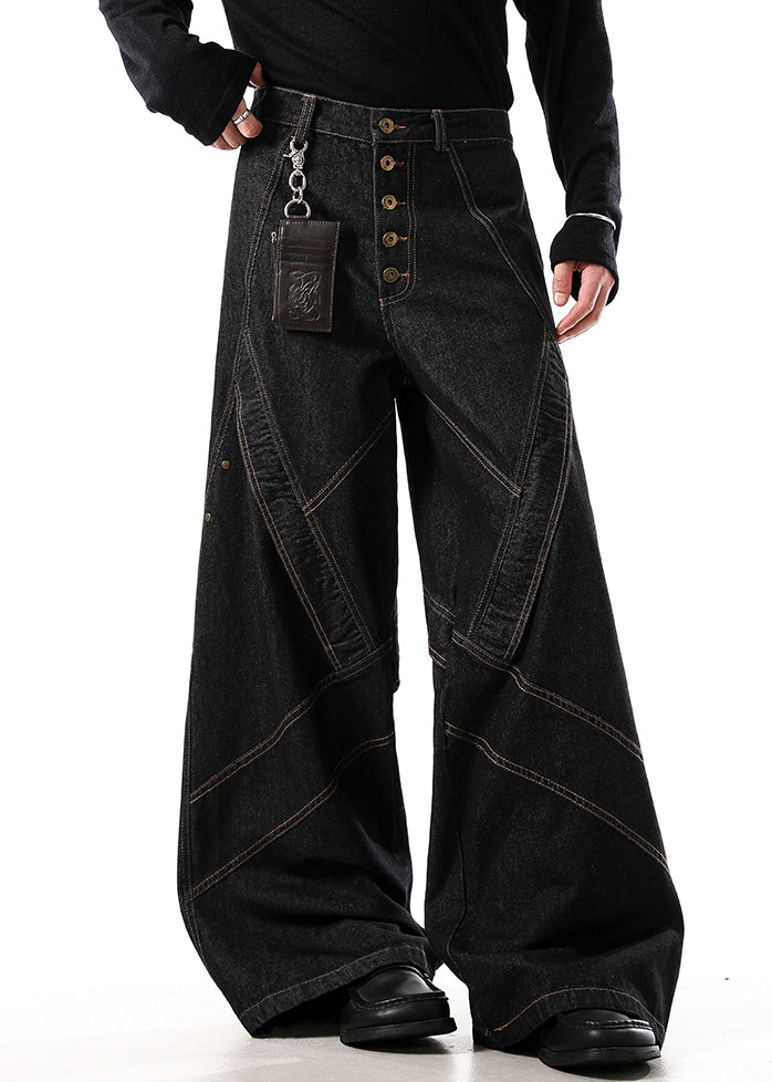 Retro Black Button Original Design Denim Mens Wide Leg Pants