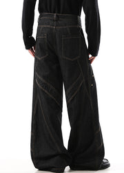 Retro Black Button Original Design Denim Mens Wide Leg Pants