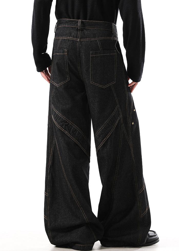 Retro Black Button Original Design Denim Mens Wide Leg Pants