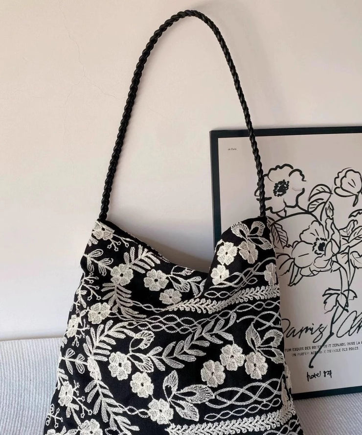 Retro Black Embroidered Flower Cotton Women Handbags