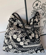 Retro Black Embroidered Flower Cotton Women Handbags