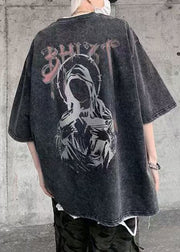 Retro Black O-Neck Print Cotton Mens T Shirts Summer