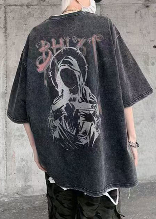 Retro Black O-Neck Print Cotton Mens T Shirts Summer