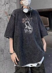 Retro Black O-Neck Print Cotton Mens T Shirts Summer