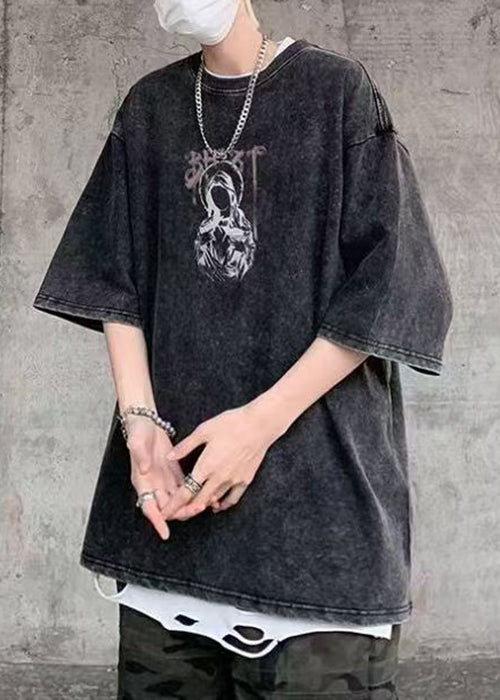 Retro Black O-Neck Print Cotton Mens T Shirts Summer