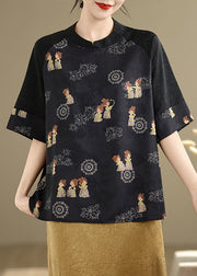 Retro Black Oversized Print Silk Blouse Tops Summer