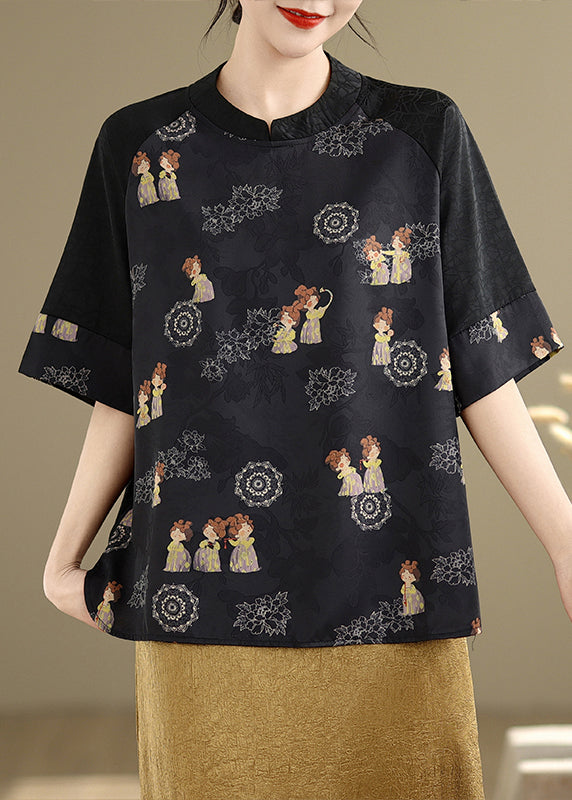 Retro Black Oversized Print Silk Blouse Tops Summer