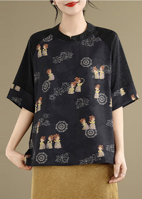 Retro Black Oversized Print Silk Blouse Tops Summer