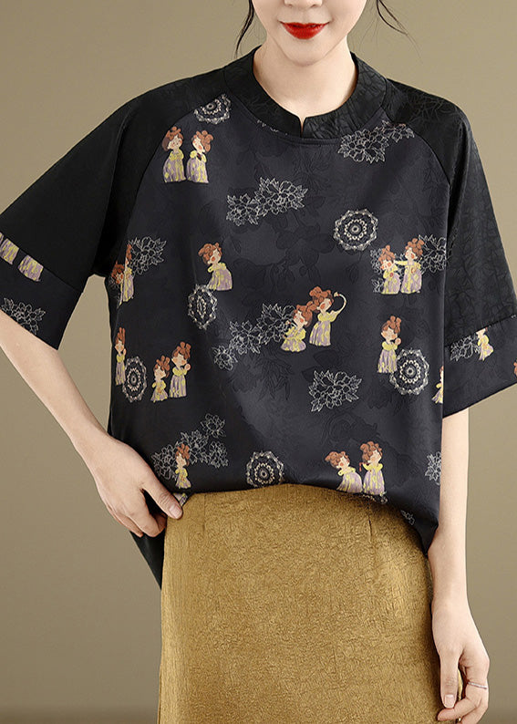 Retro Black Oversized Print Silk Blouse Tops Summer