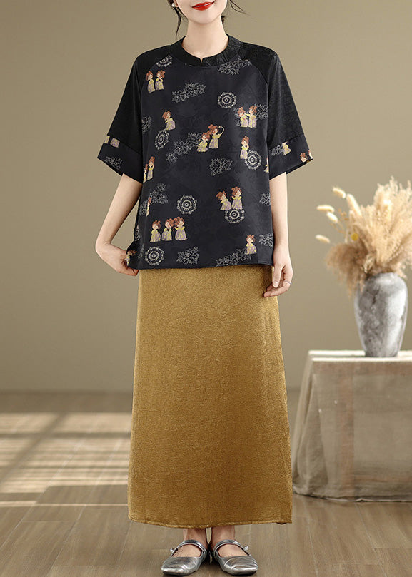 Retro Black Oversized Print Silk Blouse Tops Summer