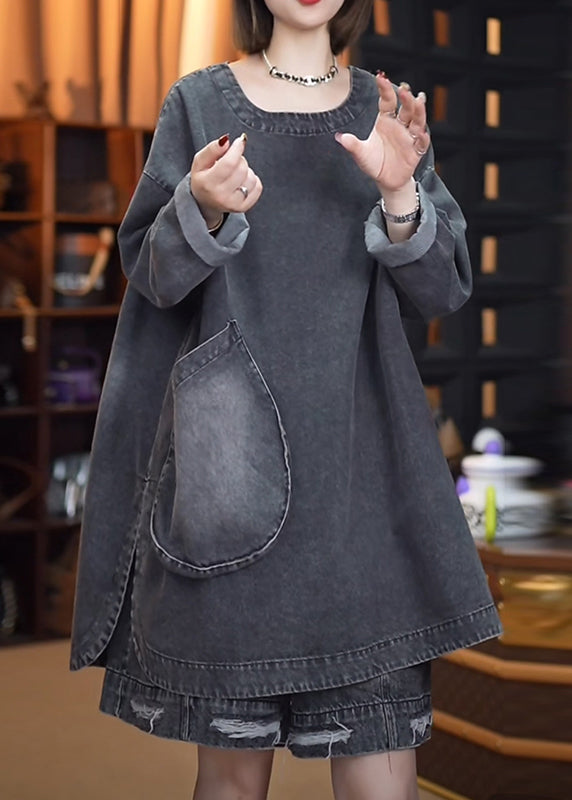 Retro Black Patchwork Side Open Denim Tops Fall